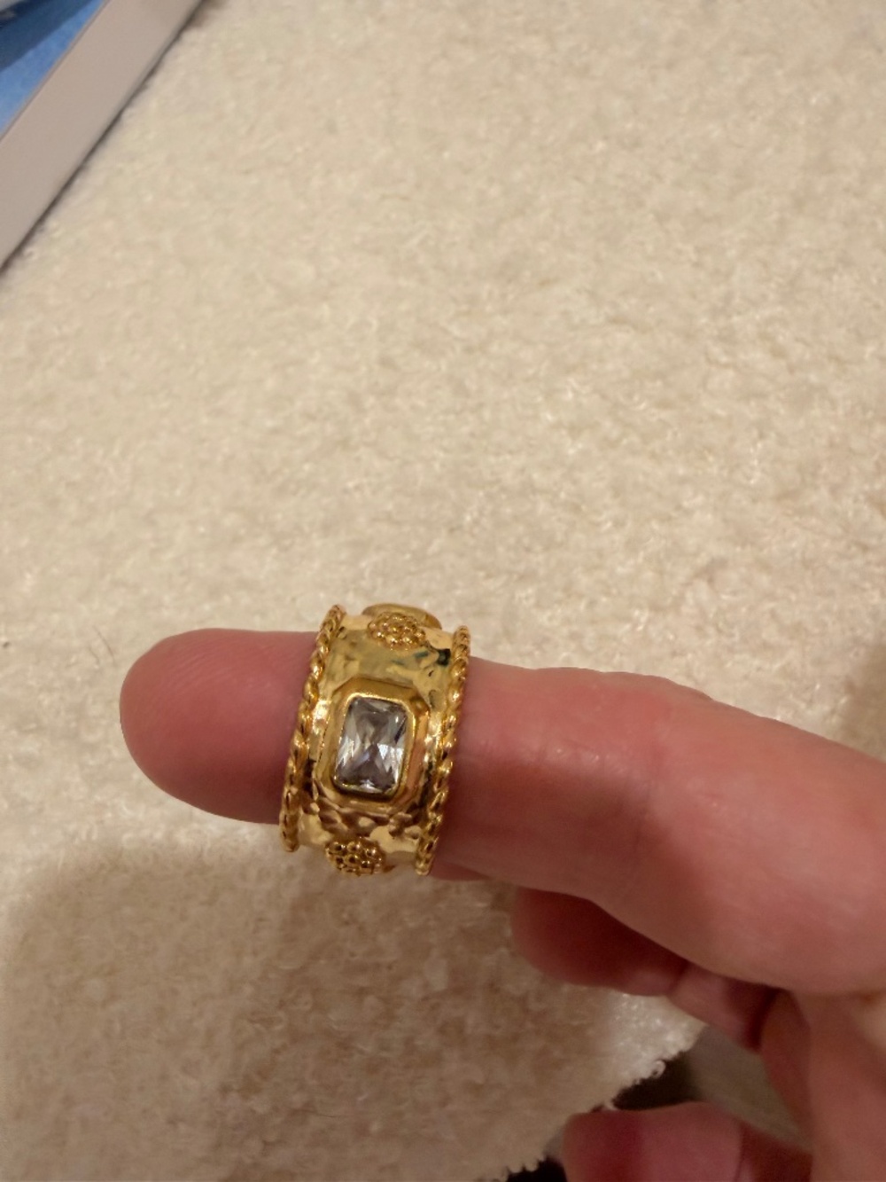 Hammered Wide Band Ring Bezel Emerald Cut Crystal Statement-size 6